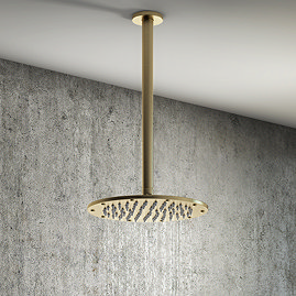 Arezzo Brushed Brass 195mm Thin Round Shower Head + 300mm Ceiling Mounted Arm Large Image
