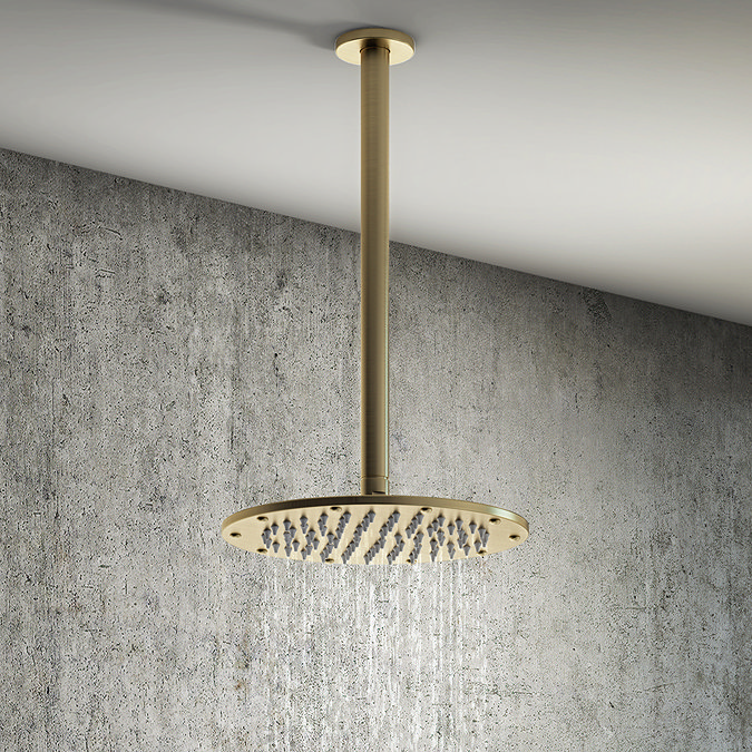 Arezzo Brushed Brass 195mm Thin Round Shower Head + 300mm Ceiling Mounted Arm Large Image