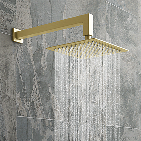 Arezzo Brushed Brass 200 x 200mm Ultra-Thin Square Shower Head + 90 Degree Bend Arm