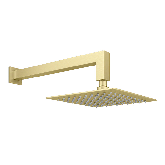 Arezzo Brushed Brass 200 x 200mm Ultra-Thin Square Shower Head + 90 Degree Bend Arm Large Image