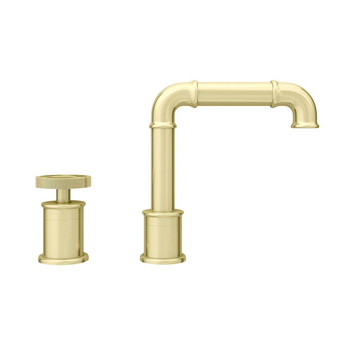 Arezzo Brushed Brass 2TH Industrial Style Deck Mounted Basin Mixer In Bathroom Large Image
