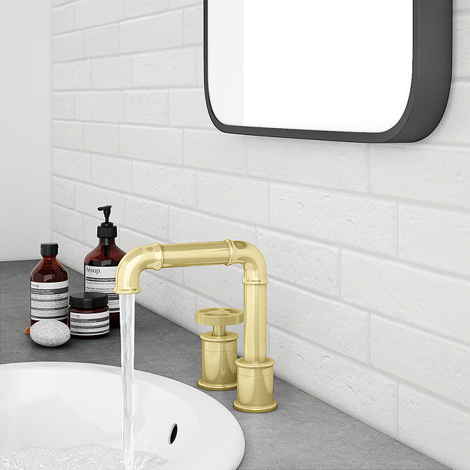 Arezzo Brushed Brass 2TH Industrial Style Deck Mounted Basin Mixer Large Image