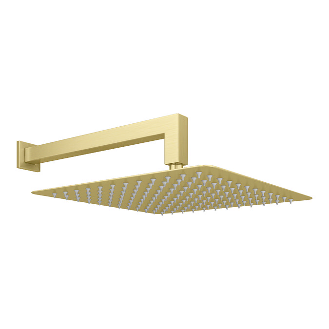Arezzo Brushed Brass 300 x 300mm Ultra-Thin Square Shower Head + 90 Degree Bend Arm  Feature Large Image
