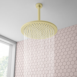 Arezzo Brushed Brass 300mm Thin Round Shower Head + 200mm Ceiling Mounted Arm Medium Image