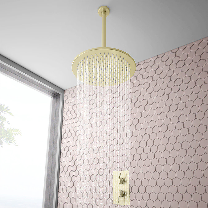 Arezzo Brushed Brass 300mm Thin Round Shower Head + 300mm Ceiling Mounted Arm  Feature Large Image