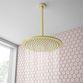Arezzo Brushed Brass 300mm Thin Round Shower Head + 300mm Ceiling Mounted Arm Medium Image