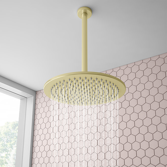 Arezzo Brushed Brass 300mm Thin Round Shower Head + 300mm Ceiling Mounted Arm Large Image