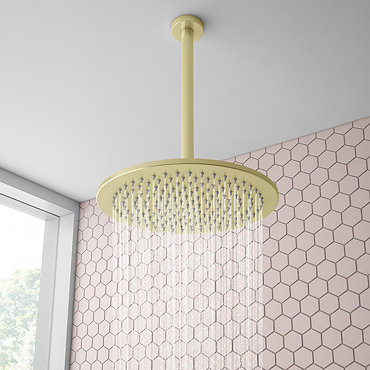 Arezzo Brushed Brass 300mm Thin Round Shower Head + 300mm Ceiling Mounted Arm  Profile Large Image