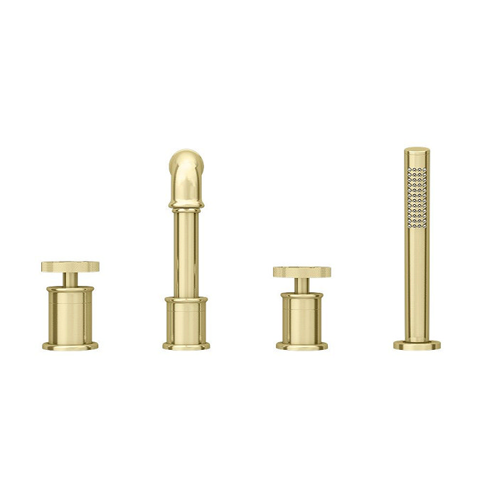 Arezzo Brushed Brass 4TH Industrial Style Deck Mounted Bath Shower Mixer inc. Pull Out Handset Stan