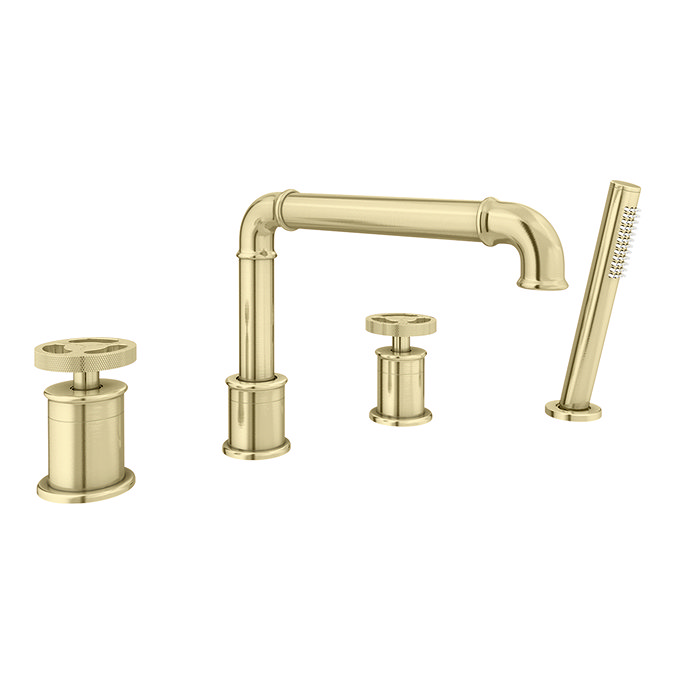 Arezzo Brushed Brass 4TH Industrial Style Deck Mounted Bath Shower Mixer Inc. Pull Out Handset  Feat
