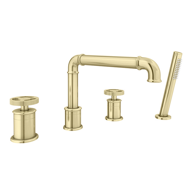 Arezzo Brushed Brass 4TH Industrial Style Deck Mounted Bath Shower Mixer Inc. Pull Out Handset Feat