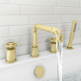 Arezzo Brushed Brass 4TH Industrial Style Deck Mounted Bath Shower Mixer Inc. Pull Out Handset Mediu