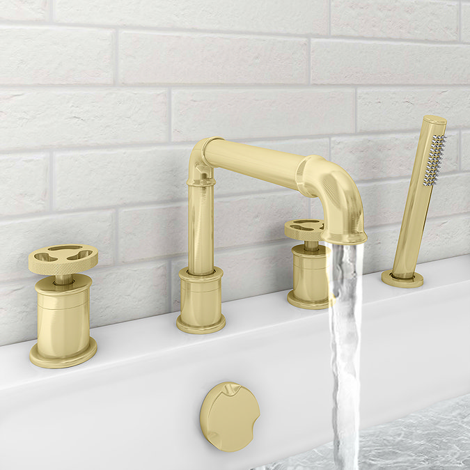 Arezzo Brushed Brass 4TH Industrial Style Deck Mounted Bath Shower Mixer Inc. Pull Out Handset Large