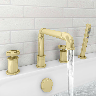 Arezzo Brushed Brass 4TH Industrial Style Deck Mounted Bath Shower Mixer Inc. Pull Out Handset  Prof