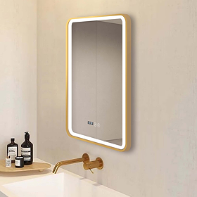 Arezzo Brushed Brass 500 x 700mm Rectangular LED Illuminated Anti-Fog Bathroom Mirror with Time Display