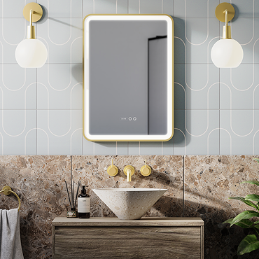 Arezzo Brushed Brass 500 x 700mm Rectangular LED Illuminated Anti-Fog Bathroom Mirror with Time Display