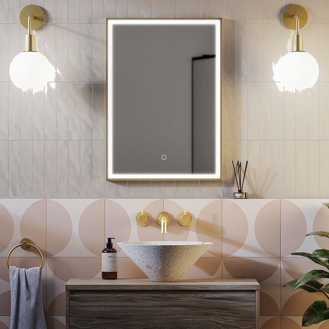 Arezzo Brushed Brass 500 x 700mm Rectangular LED Illuminated Anti-Fog Bathroom Mirror