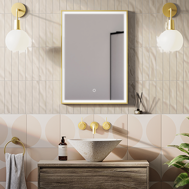 Arezzo Brushed Brass 500 x 700mm Rectangular LED Illuminated Anti-Fog Bathroom Mirror