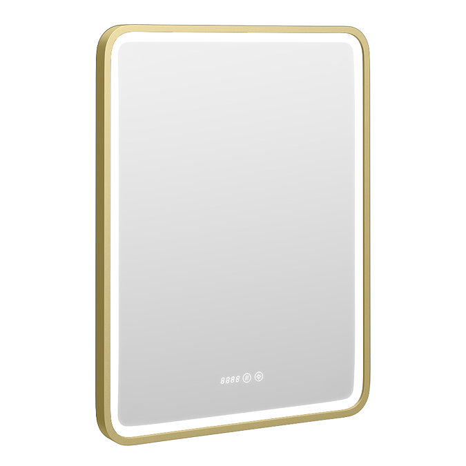Arezzo Brushed Brass 600 x 800mm Rectangular LED Illuminated Anti-Fog Bathroom Mirror with Time Display