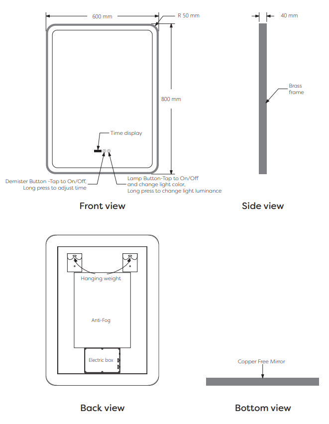 Arezzo Brushed Brass 600 x 800mm Rectangular LED Illuminated Anti-Fog Bathroom Mirror