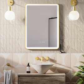 Arezzo Brushed Brass 600 x 800mm Rectangular LED Illuminated Anti-Fog Bathroom Mirror with Time Display