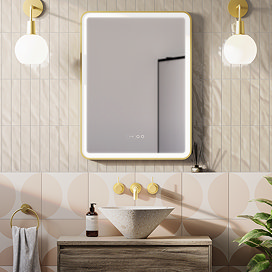 Arezzo Brushed Brass 600 x 800mm Rectangular LED Illuminated Anti-Fog Bathroom Mirror with Time Display