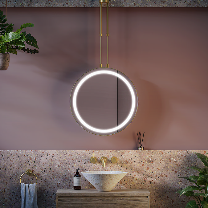 Arezzo Brushed Brass 600mm Double-Sided LED Hanging Mirror with Infrared Sensor & Anti-Fog