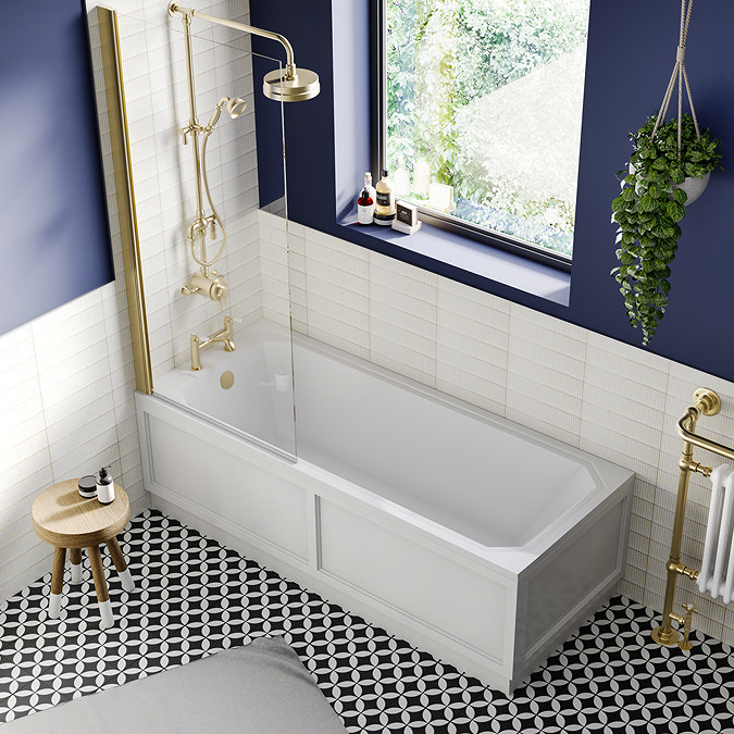 Arezzo Brushed Brass 6mm Glass Pivot Bath Screen (1435 x 770)