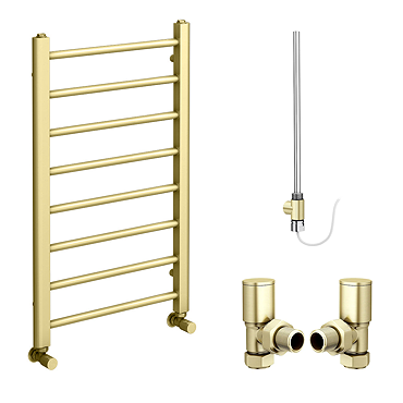 Arezzo Brushed Brass 800 x 500mm Straight Heated Towel Rail (incl. Valves + Electric Heating Kit)