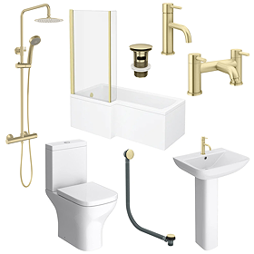 Arezzo Brushed Brass Complete Modern Bathroom Package (incl. L-Shaped Bath)