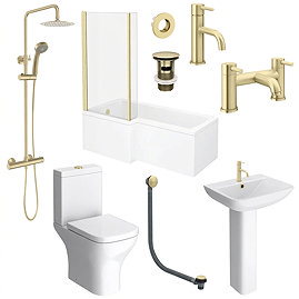 Arezzo Brushed Brass Complete Modern Bathroom Package (incl. L-Shaped Bath)