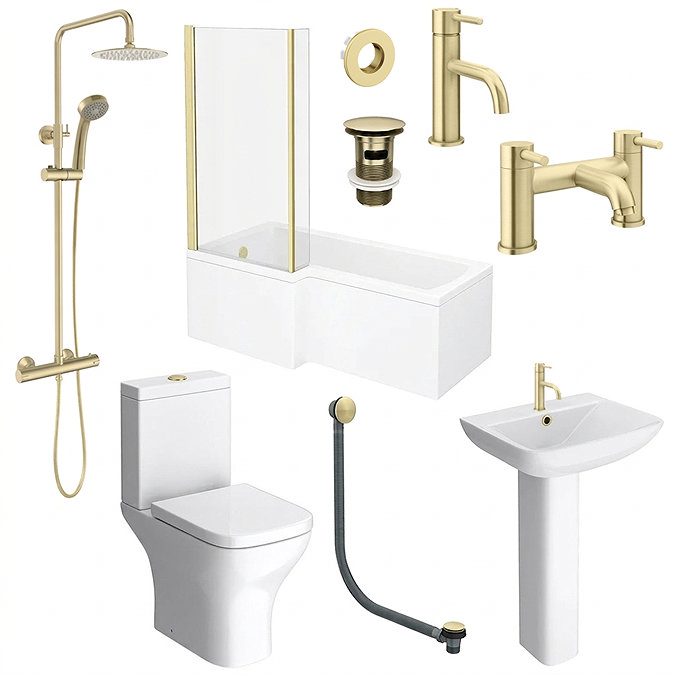 Arezzo Brushed Brass Complete Modern Bathroom Package (incl. L-Shaped Bath)