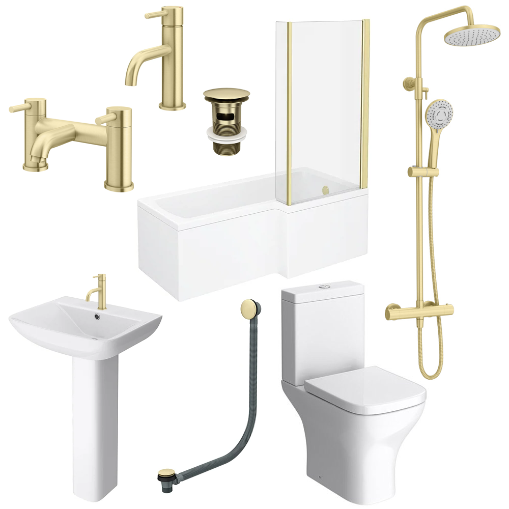 Arezzo Brushed Brass Complete Modern Bathroom Package (incl. L-Shaped ...