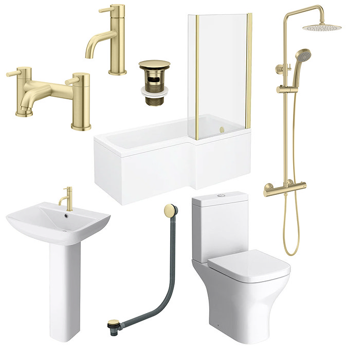 Arezzo Brushed Brass Complete Modern Bathroom Package (incl. L-Shaped Bath)