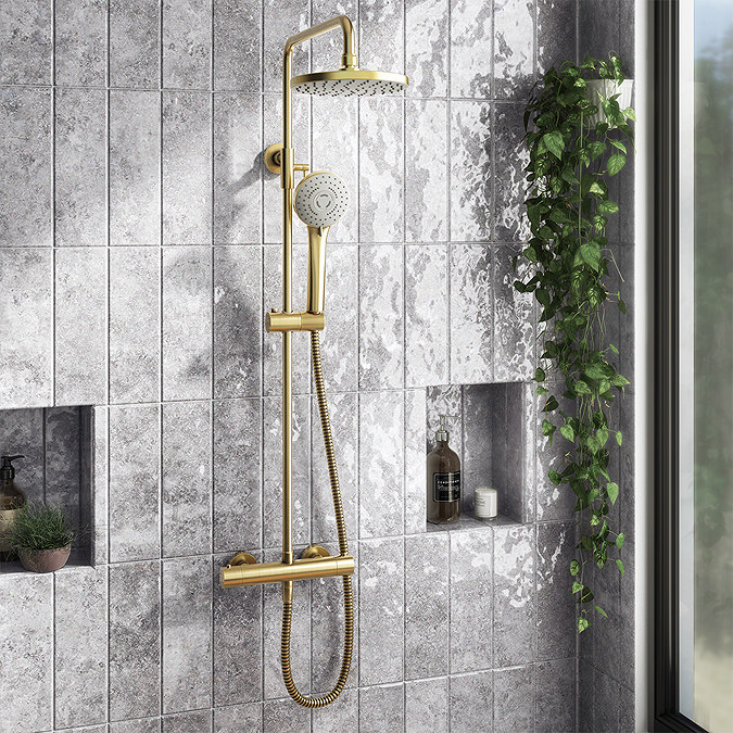 Arezzo Brushed Brass Complete Modern Bathroom Package (incl. P-Shaped Bath)