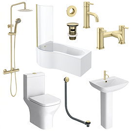 Arezzo Brushed Brass Complete Modern Bathroom Package (incl. P-Shaped Bath)