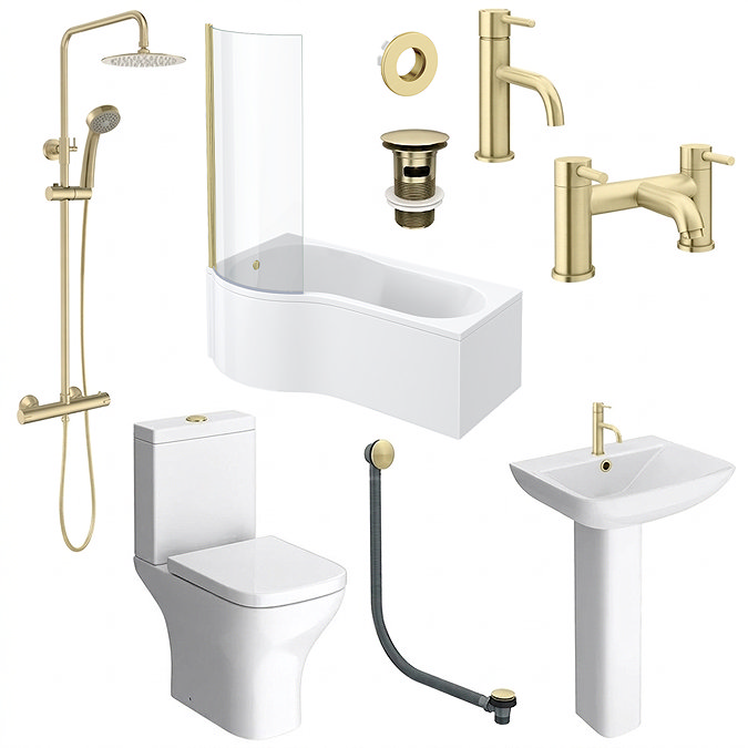 Arezzo Brushed Brass Complete Modern Bathroom Package (incl. P-Shaped Bath)
