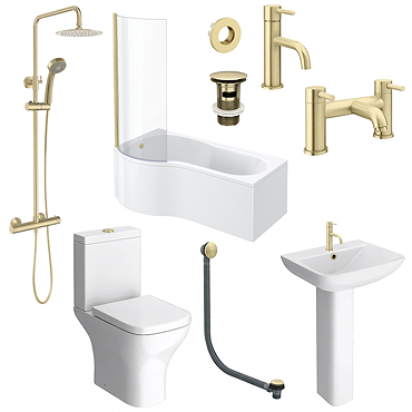 Arezzo Brushed Brass Complete Modern Bathroom Package (incl. P-Shaped Bath)