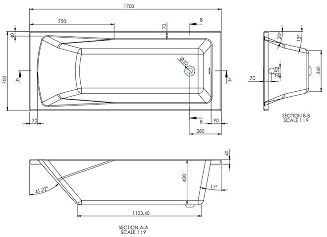 1700 x 700 Reinforced Bath