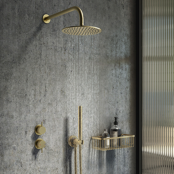 Arezzo Brushed Brass Concealed Individual Diverter + Thermostatic Control Shower Valve  In Bathroom 