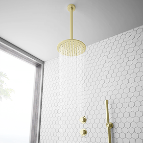 Arezzo Brushed Brass Concealed Individual Diverter + Thermostatic Control Valve with Handset + Ceiling Mounted Shower Head