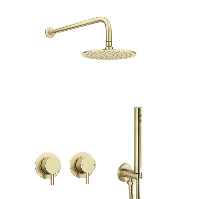 Arezzo Brushed Brass Concealed Individual Diverter + Thermostatic Control Valve with Handset + Wall 