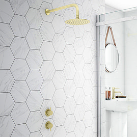 Arezzo Brushed Brass Concealed Individual Stop Tap + Thermostatic Control Valve with Wall Mounted Sh