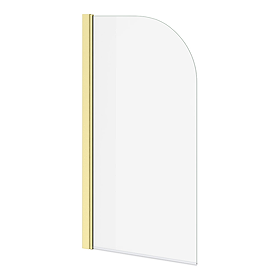 Arezzo Brushed Brass Curved Top 6mm Glass Pivot Bath Screen (1435 x 770)