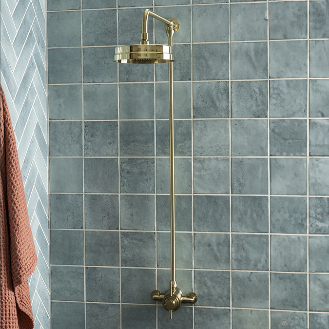 Arezzo Brushed Brass Dual Exposed Thermostatic Shower Valve with Rigid Riser Kit