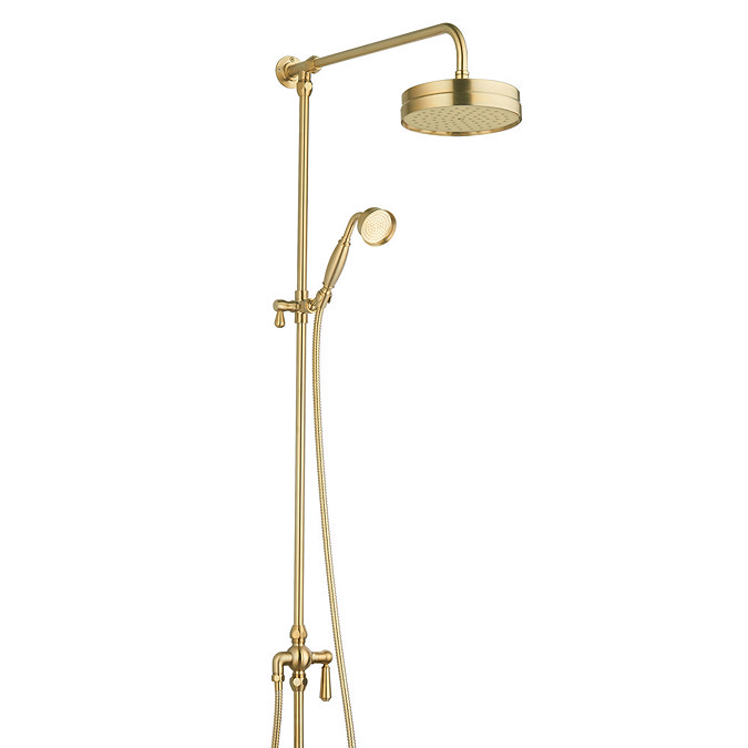 Arezzo Brushed Brass Dual Exposed Thermostatic Shower Valve with Rigid Riser Kit, 195mm Overhead Shower Head, Hand Shower & Diverter