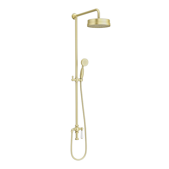 Arezzo Brushed Brass Dual Exposed Valve with Rigid Riser Kit, 195mm Shower Head, Handshower & Diverter