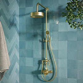 Arezzo Brushed Brass Dual Exposed Valve with Rigid Riser Kit, 195mm Shower Head, Handshower & Diverter