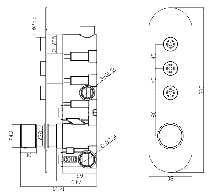 Arezzo Brushed Brass Industrial Style Push Button Shower Valve (3 Outlets)