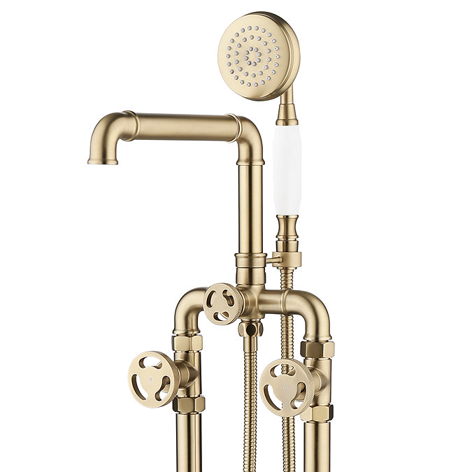 Arezzo Brushed Brass Industrial Style Freestanding Bath Shower Mixer Tap In Bathroom Large Image